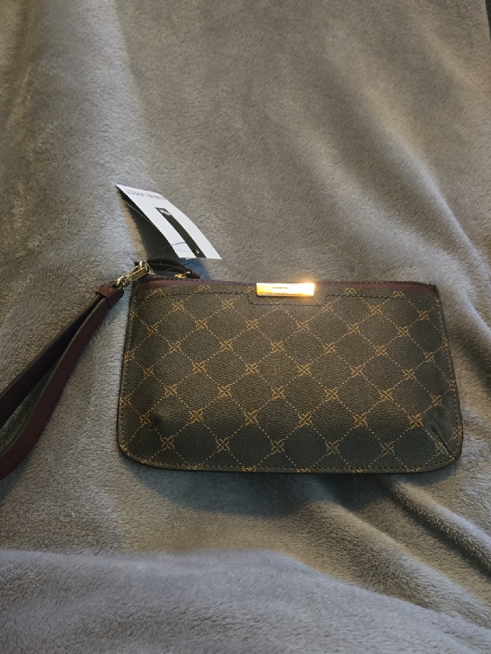 Monogram Wristlet Clutch in Dark Brown with Gold Accent Nine West